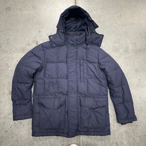 Uniqlo Mens Navy Blue Down Filled Puffer Parka Jacket Removable Hood Medium